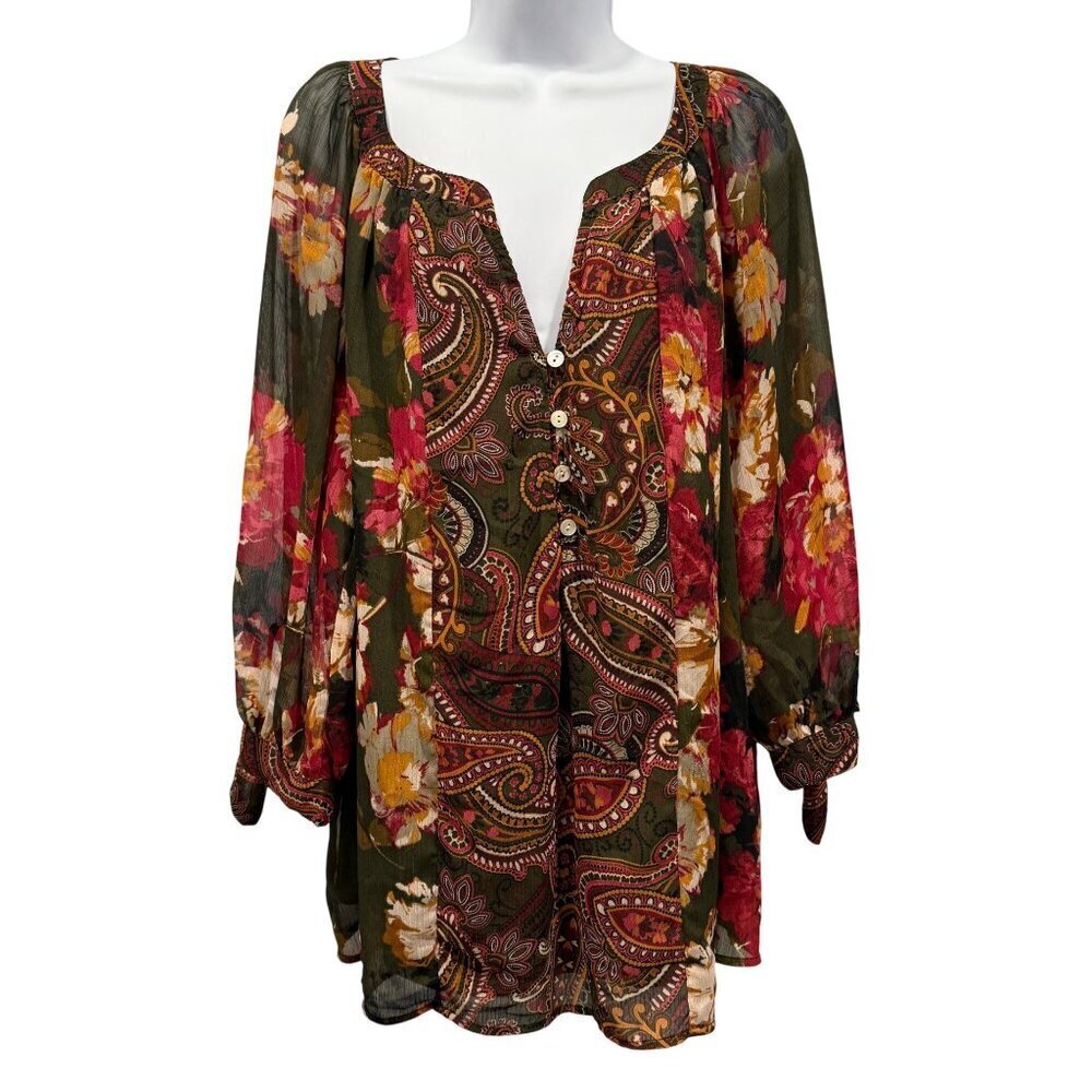 Fig & Flower Paisley Floral Tunic Blouse Boho Grandma Chic Flowy Womens 2X‎